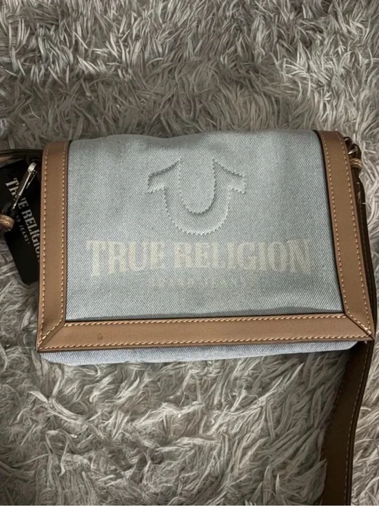 True Religion Light Blue Denim Crossbody with Tan Trim