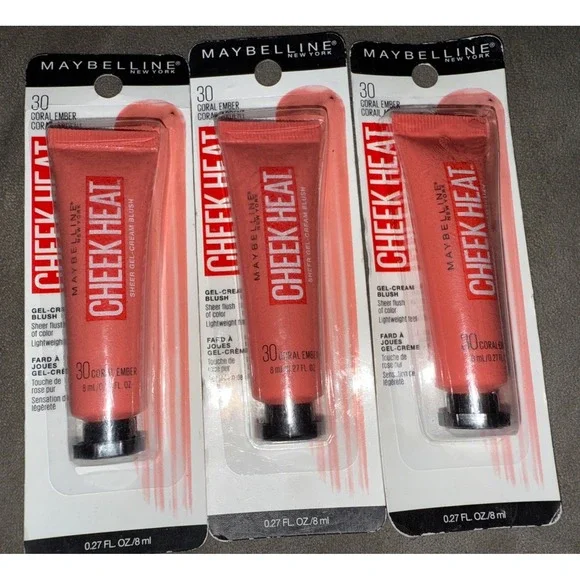 Lot Of 3 Maybelline Cheek Heat Sheer Gel-Cream Blush Sealed 30‎ - Coral Ember