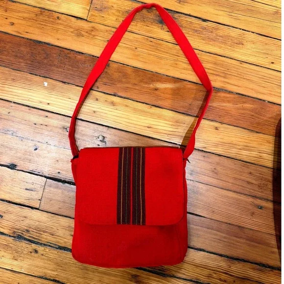 Handmade Crossbody Bag Red Cotton Striped Boho Made in Guatemala Festival