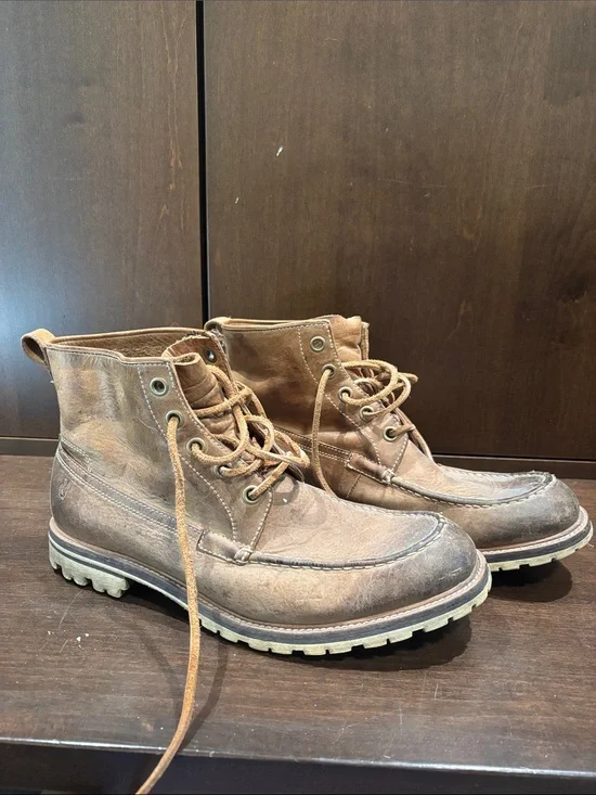 Men's Brown Leather Moc Toe Work Boots - Unknown Brand