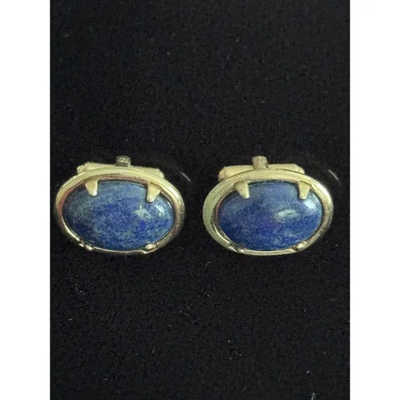 Vintage Cufflinks 1/20 12k GF Blue Lapis Lazuli Gold Tone Oval Gold Flecks