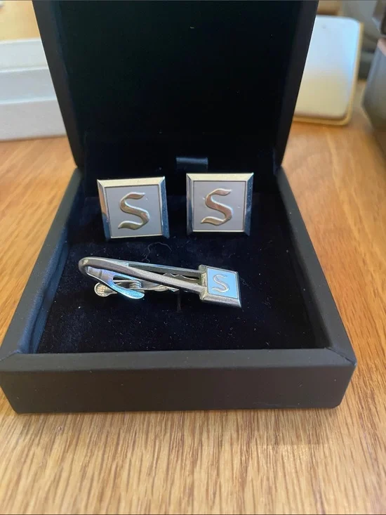Men's Swank Silver 'S' Cufflinks and Tie Clip Set