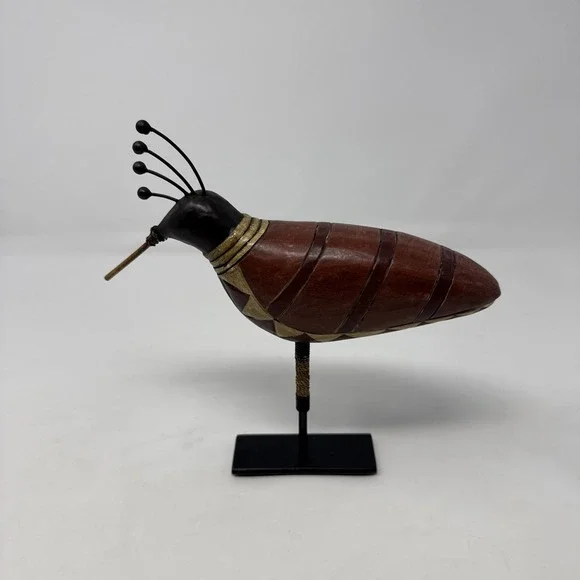 Pier 1 Imports Handmade Wooden Bird Figurine on Metal Rod Stand 9