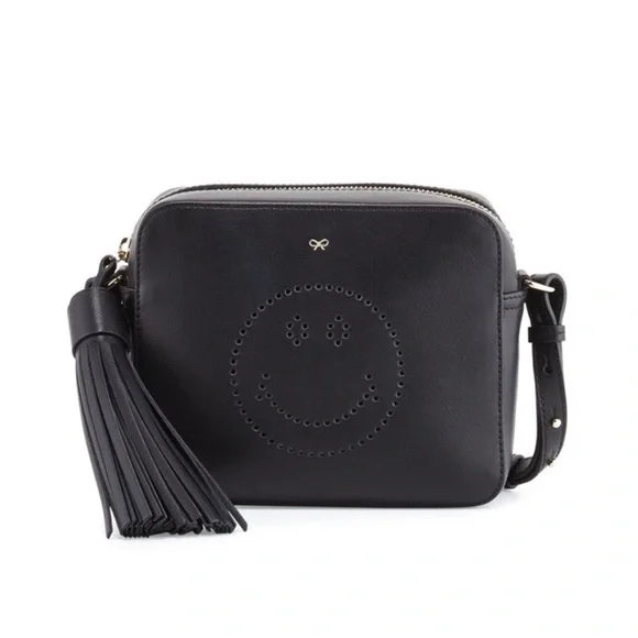 Anya Hindmarch Smiley Eyes Black Leather Crossbody Bag Tassel