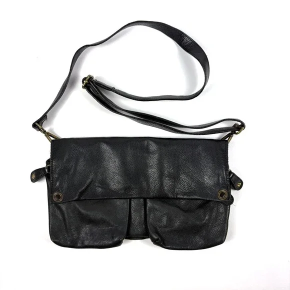 Y2K Pulicati Double Cargo Pocket Foldover Crossbody Bag Purse Black Leather Mili