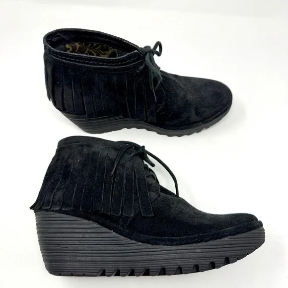 Fly London Yank Black Suede Fringe Wedge Ankle Boots Lace-Up Boho Booties