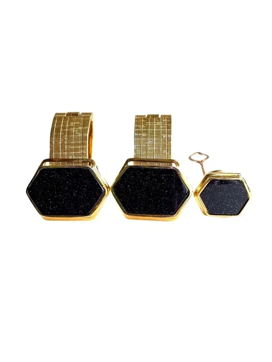 Vintage Black Goldstone Cufflinks Tie Tack Set Gold Tone Hexagon Sparkle Suit