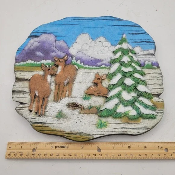 Vintage Macky Molds Hand Painted Ceramic Wall Art‎ Wildlife Deer Tree Scene 1980