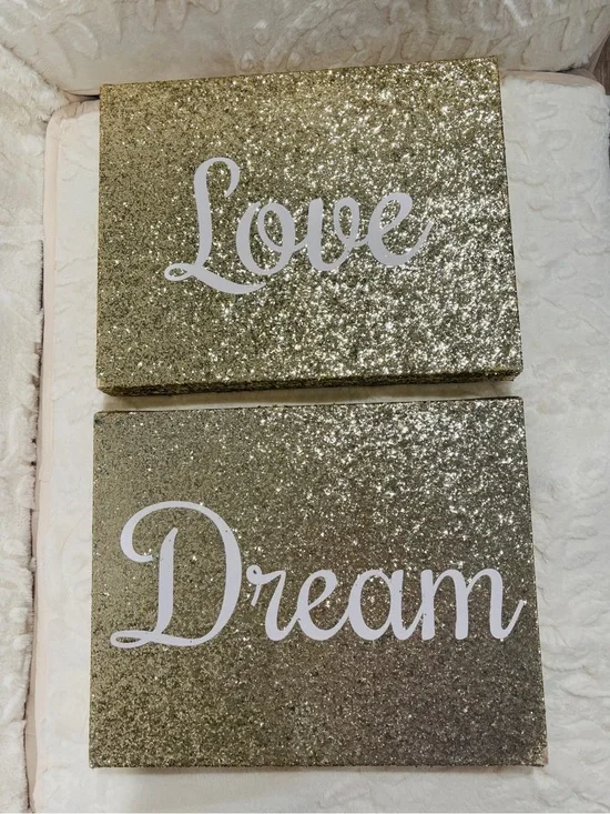 Love/Dream Glitter Wall Art Set Gold Glam Sparkle Decor 2-Piece