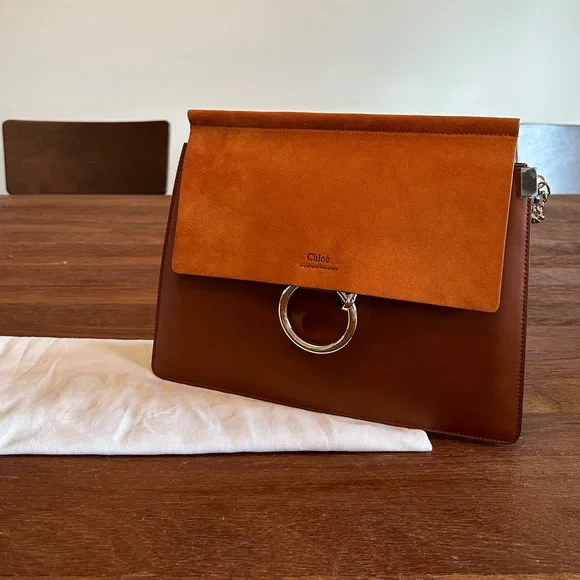 Chloé Faye Brown Leather & Suede Shoulder Bag Ring Chain Crossbody w/ Dust Bag