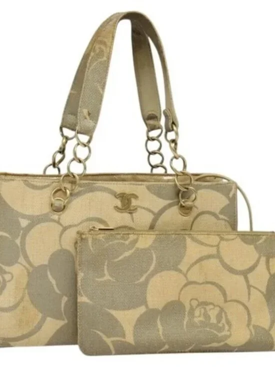 CHANEL Camelia Chain Tote Bag Straw Beige CC Auth 122907