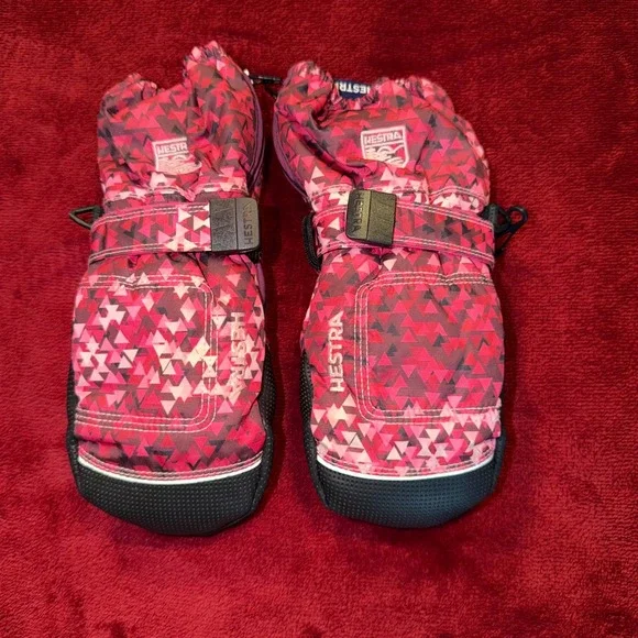 Hestra Kids Primaloft Insulated Winter Mittens‎ Pink Red Geometric Print Size 5