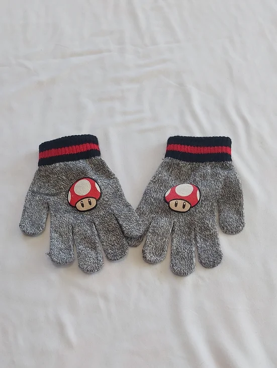 Kids Gray Knit Gloves with Red Mushroom Patch