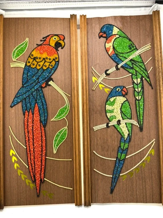 Vintage Mid-Century Modern gravel art panels depicting colorful parrots