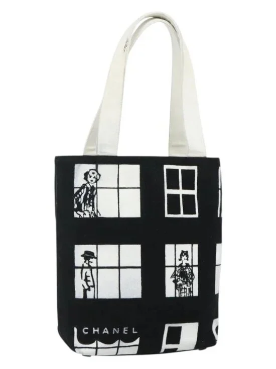 CHANEL Windows Line Tote Bag Canvas Black Gold CC Auth BA12234