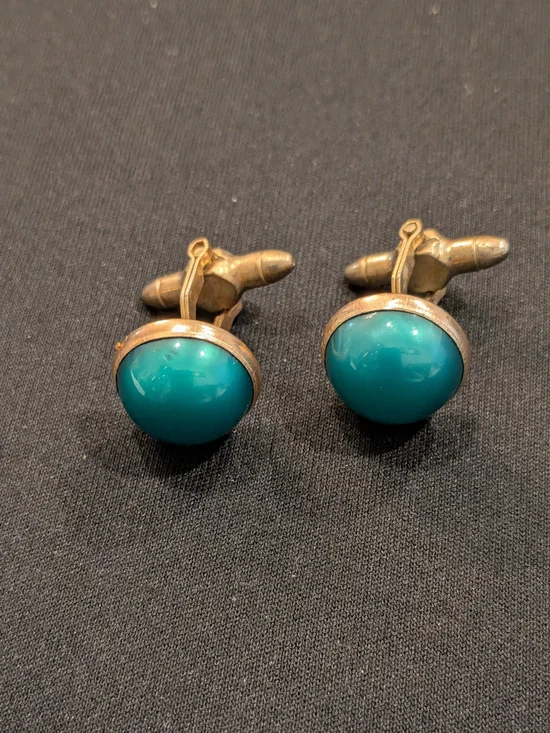 Gold Tone Turquoise Glass Cabochon Cufflinks - Unisex Jewelry