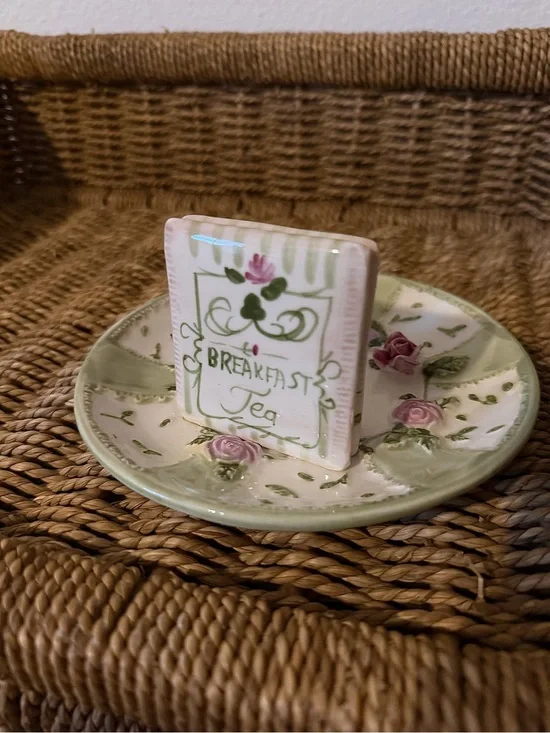 Breakfast Tea Ceramic Tea Bag Holder - Pink & Green