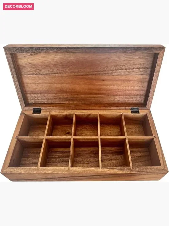 Extra Large Wooden Tea Box, 10 Compartment Acacia Chest