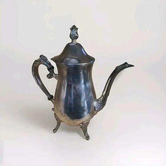 Vintage Leonard Silverplate Coffee Pot Footed Hinged Lid 1960s Victorian Style