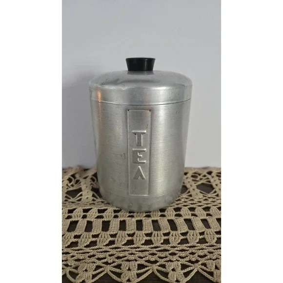 Century  Aluminum Ware Kitchen TEA Canister With Black Lid Vintage