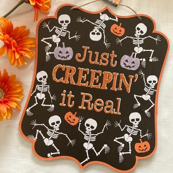Halloween front door sign Just Creepin’ it Real NEW skeletons pumpkins decor
