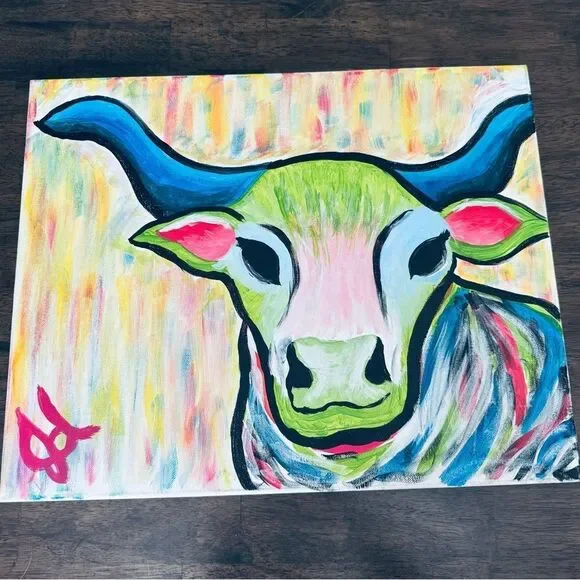 Original Painting Neon Cow Rustic Ranch Farmhouse Wall Decor