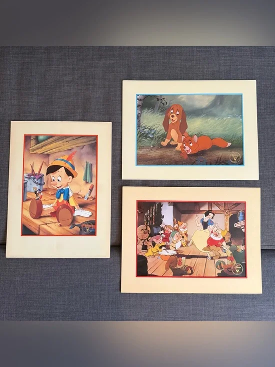 Disney Framed Prints Set 3 USA - Pinocchio, Lady & the Tramp, Snow White 1994