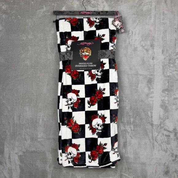 Ed Hardy Printed Plush Oversized Throw Blanket Skulls Roses Checkerboard 60x70