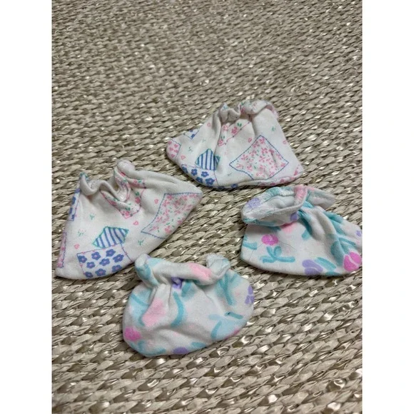 Vintage Baby Mittens booties 2 Pairs Floral Patchwork cottagecore Scratch Mitts