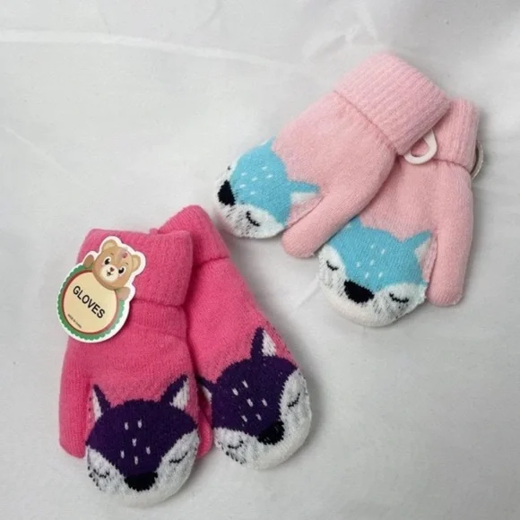 Toddle kids snow gloves with strings 2 pairs