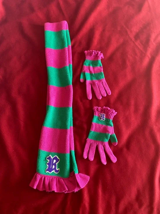 Ralph Lauren Pink and Green Striped Knit Scarf & Gloves Set, 80% Cotton 20% Wool