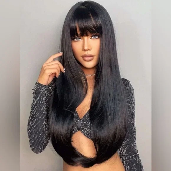 33 Inch Long Black Wig With Bangs Thick beautiful Hair