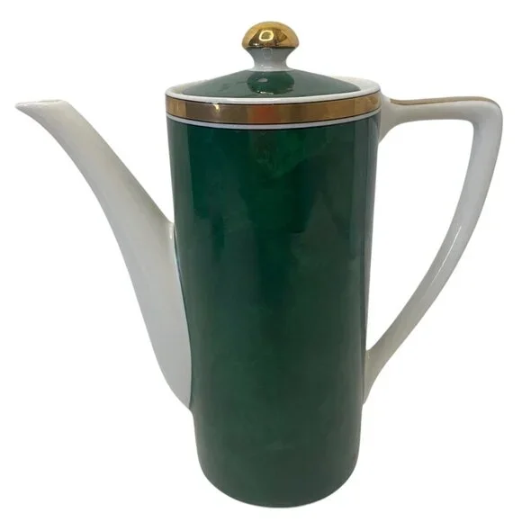 Vintage Otagiri Malachite Green Gold Trim Porcelain Coffee/Tea Pot‎ Retro 6.5