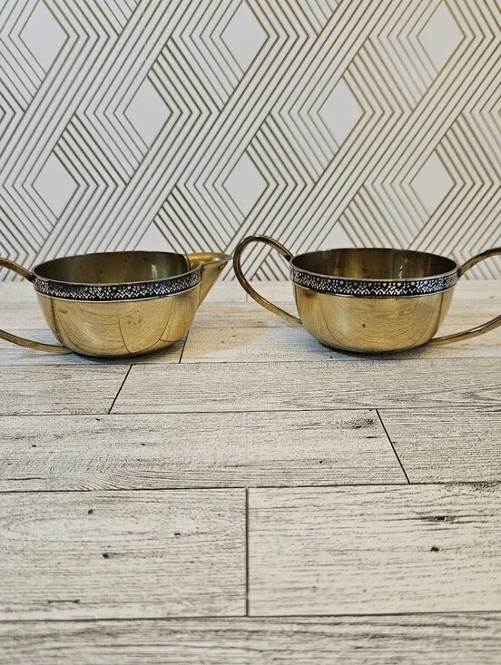 Vintage Creamer & Sugar Bowl 2 Pieces Gold Tone With Decorative Black Border