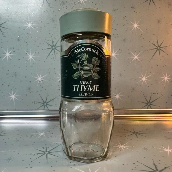 Vintage McCormick Thyme Leaves Jar Green‎ Label Glass Spice Bottle Cottage Retro