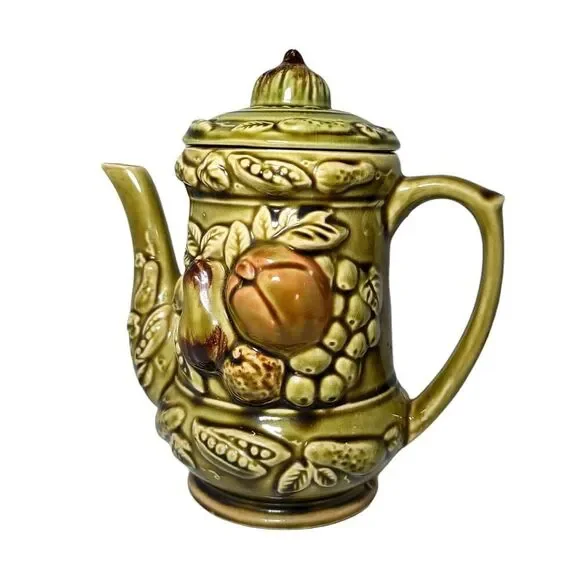 Vintage Ceramic Olive Green Teapot Fruit Veggies Decor Made in Japan‎