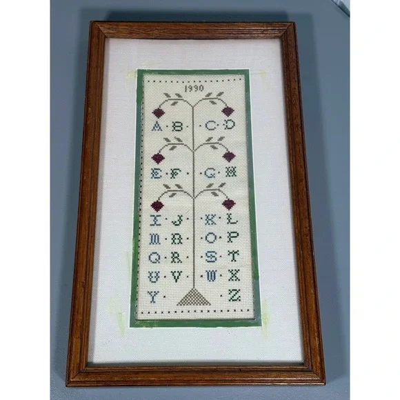 Vintage 1990 Hand Stitched Cross Stitch Alphabet Sampler Framed Tree of Life Art