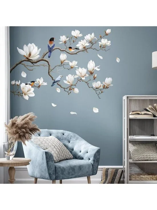 Peel and Stick White Magnolia Tree Wall Decals - Floral Corner Wall Art Stickers