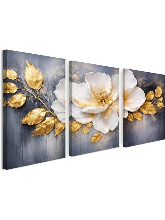 Set of 3 Gold & White Floral Canvas Prints - 16x20 Wall Art for Home Decor