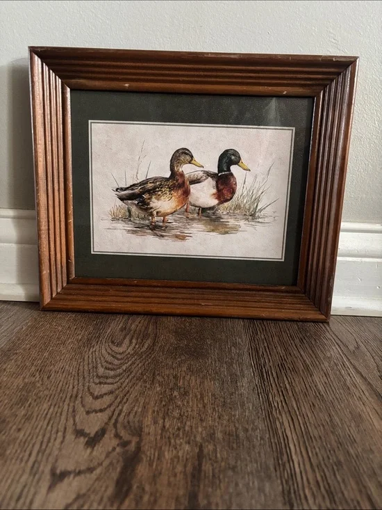 Framed Duck Watercolor Print in Brown Wood Frame