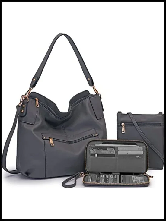 Large Crossbody Hobo Purse and Wallet Set - Faux Leather, RFID Blocking