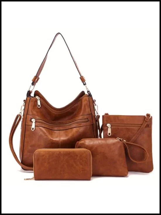 Women's 4-Piece PU Leather Hobo Handbag Set Tote Crossbody Wallet