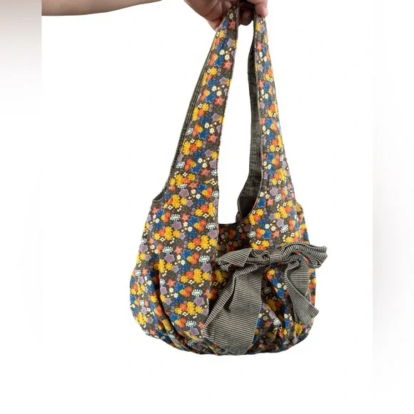 Y2K Unionbay large‎ fabric hobo tote with accent bow brown-multicolored