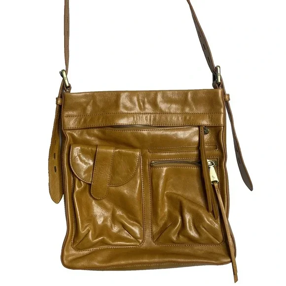 Hobo Leather Crossbody Bag‎ Purse Handbag Honey Caramel Color Zip Pockets