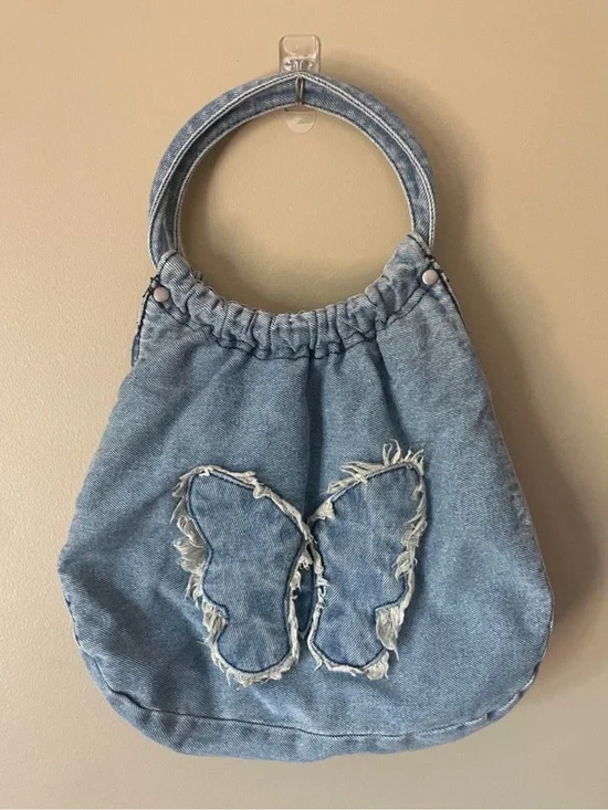 Disney Lizzie McGuire Light Blue Denim Butterfly Ring-Handle Hobo Bag