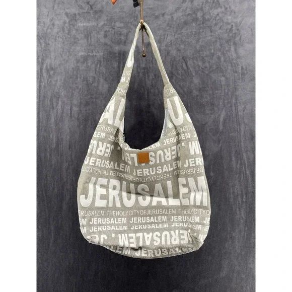 Robin Ruth Jerusalem Israel Canvas Hobo Shoulder Bag Travel Souvenir Gray White