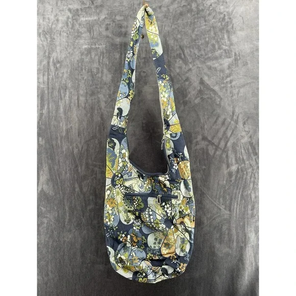 Boho Floral Cotton Sling Crossbody Hobo Bag Blue Hippie Festival Zip Purse