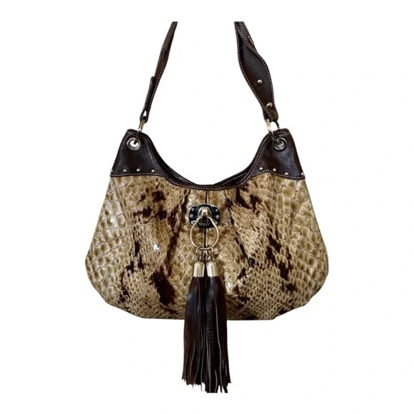 Vin Baker Faux Python Hobo Bag Brown Snake Embossed Tassel Shoulder Bag