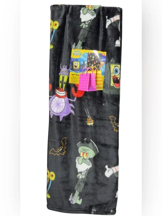 SpongeBob Squarepants Black Plush Throw Blanket with Colorful Character Print