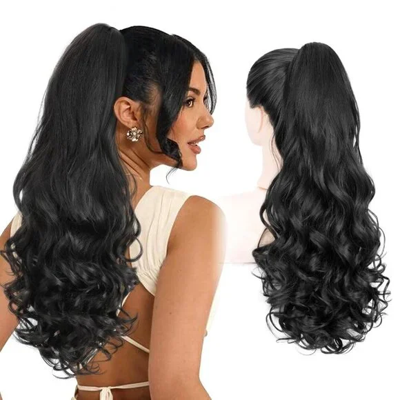 Ponytail Extension Natural Black 24 Inch Curly Wavy Clip-In Hairpiece for Women